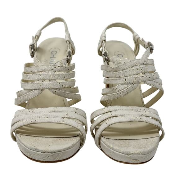 Chanel Suede Block Cork Heel Chain Link CC Detail Strappy Sandals white size 39 - Picture 2 of 13
